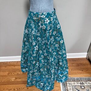 Teal turquoise cotton maxi skirt silver gold floral block print XS zip back